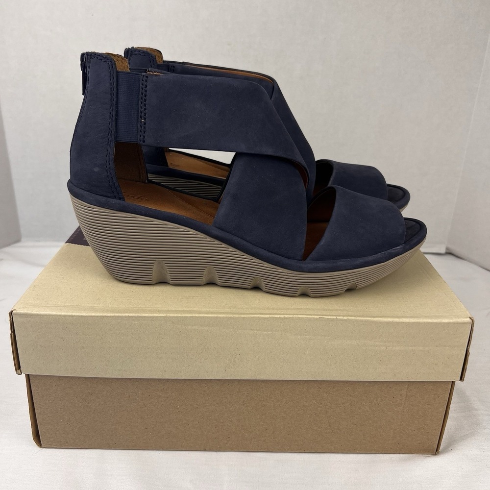 Clarks Artisan Clarene Glamour Wedge Sandals Navy Nubuck Comfort Women's 10